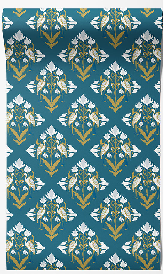 Art Deco Heron Pink or Teal- Wallpaper