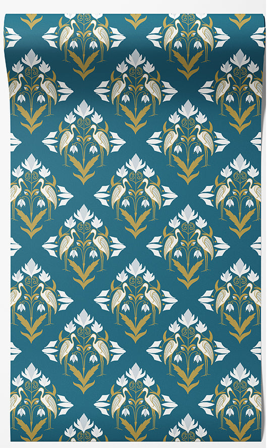 Art Deco Heron Pink or Teal- Wallpaper