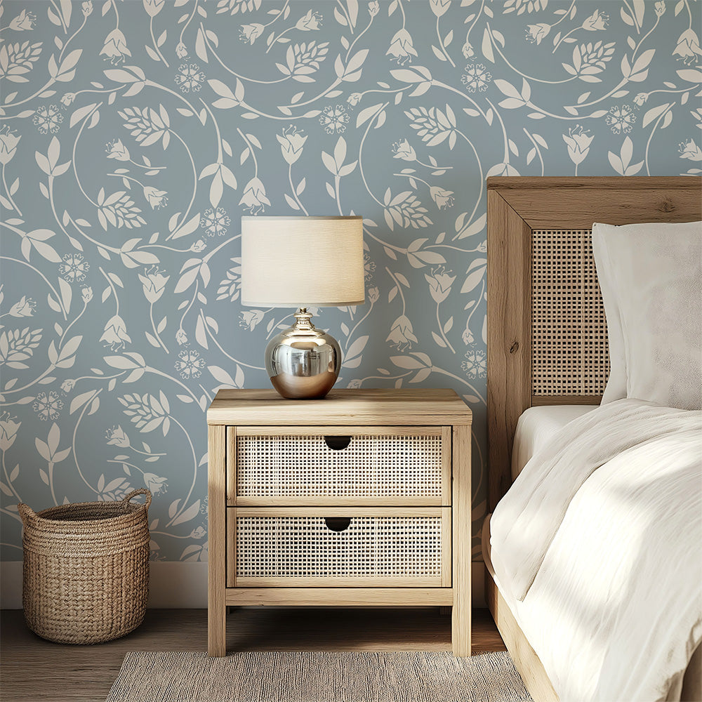 Floral Swirl Botanical Wallpaper – Blue & Neutral