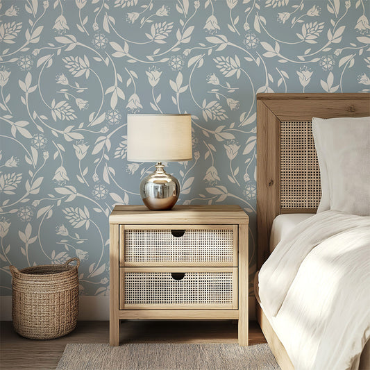 Floral Swirl Botanical Wallpaper – Blue & Neutral