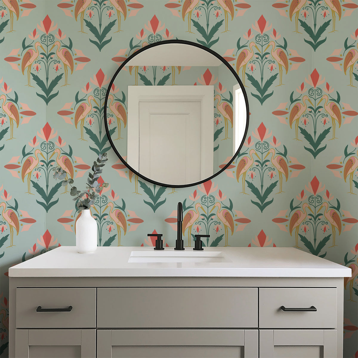 Art Deco Heron Pink or Teal- Wallpaper