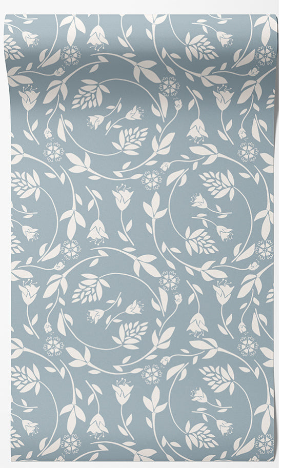 Floral Swirl Botanical Wallpaper – Blue & Neutral