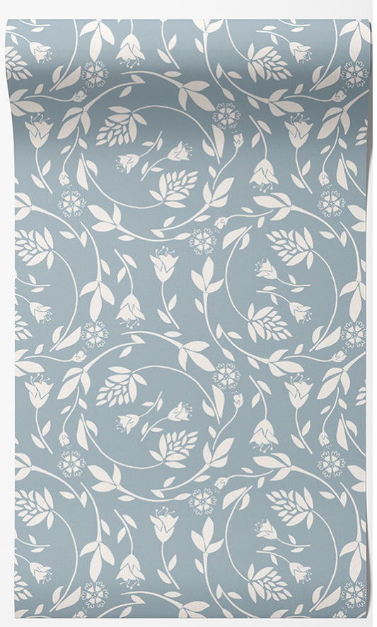 Floral Swirl Botanical Wallpaper – Blue & Neutral